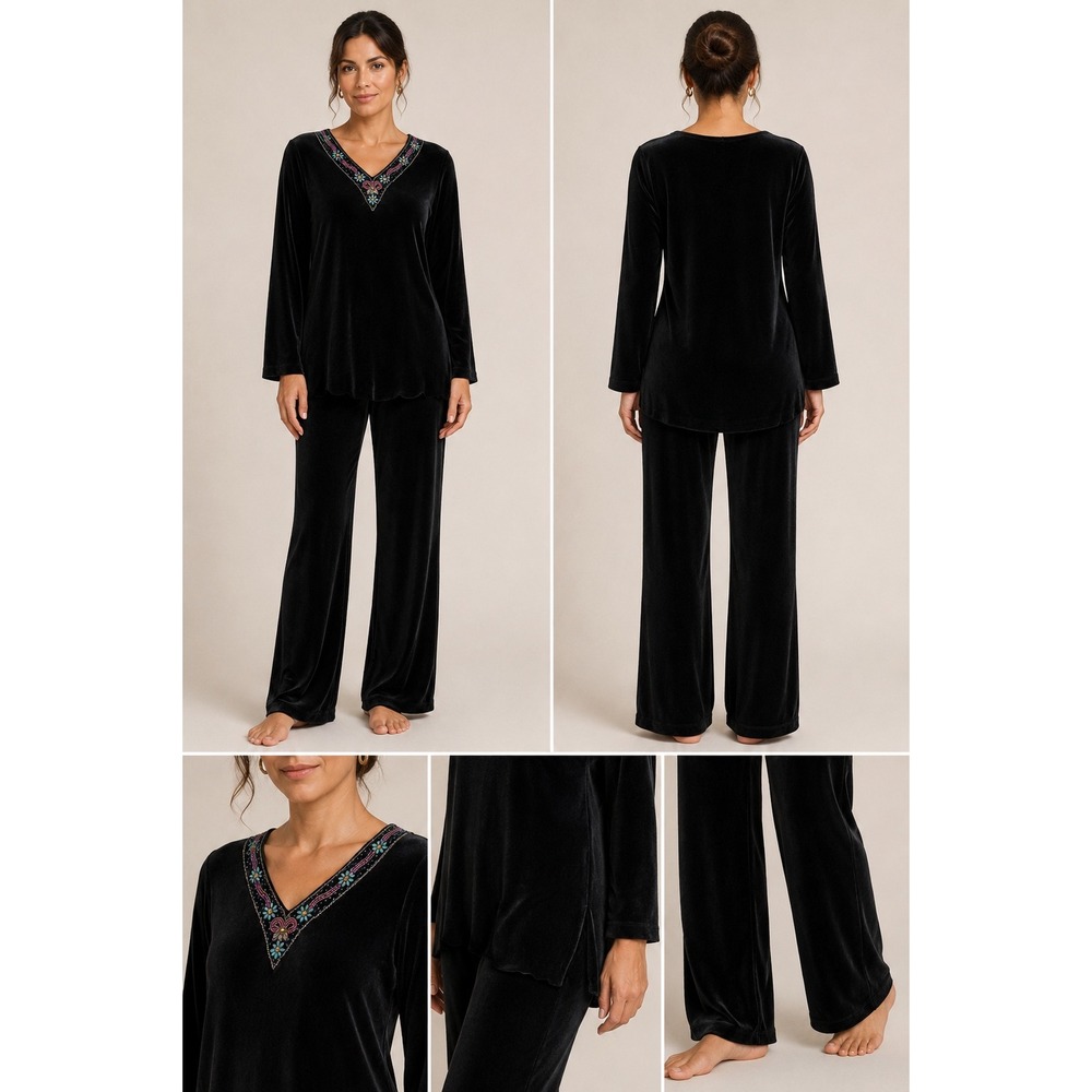 Slinky Brand 2 Piece Lounge Set Womens‎ 1X Black Excellent Beaded Velvet Tunic